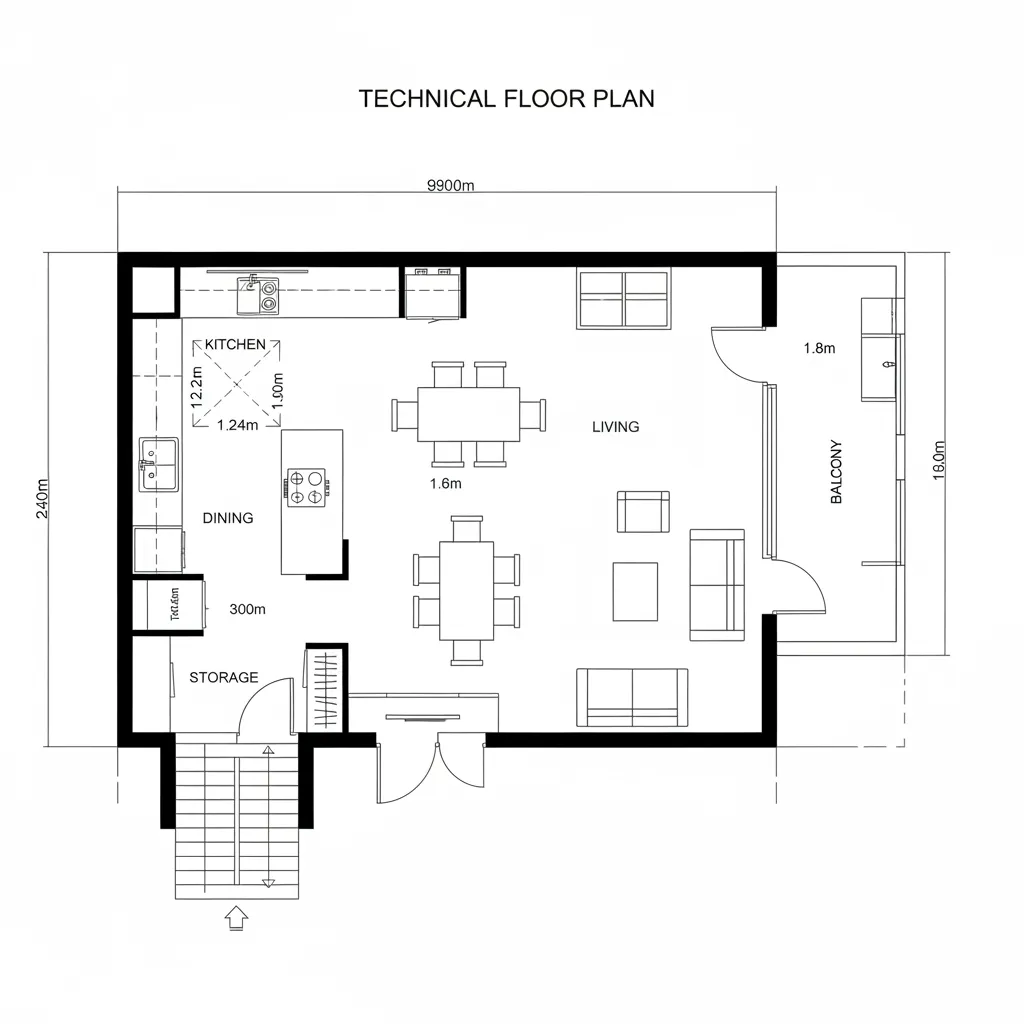 Top-down CAD plan of open social core with kitchen peninsula and lounge
