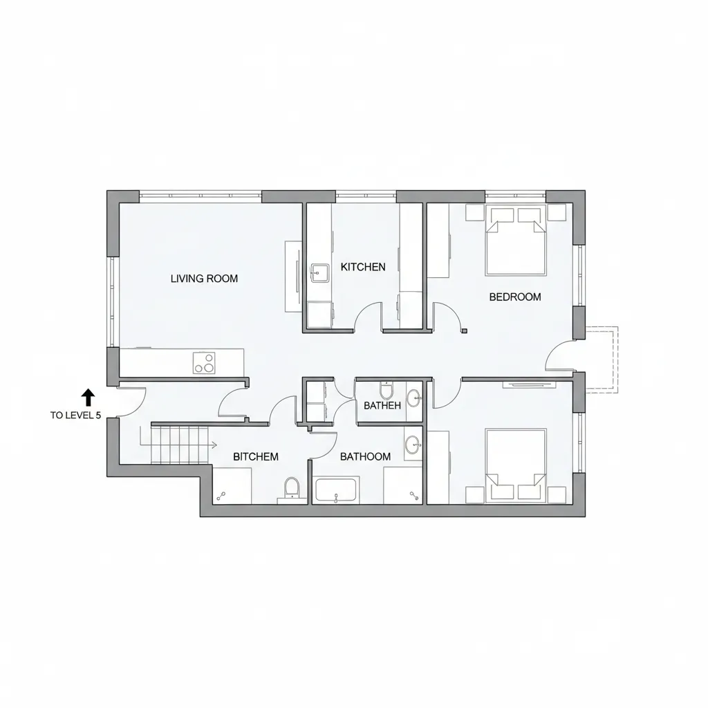 2D room layout showing living room kitchen two bedrooms bathroom stairs and a simple balcony
