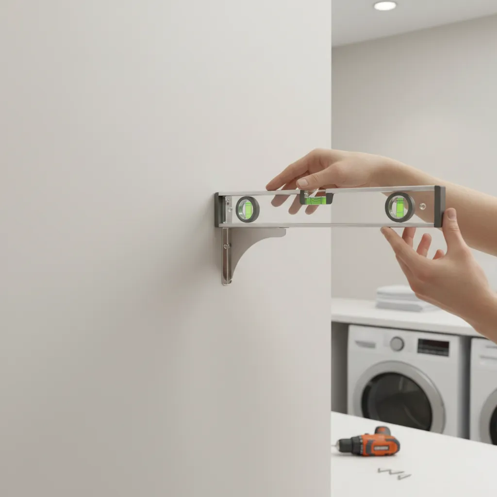 Using a level tool to align a corner shelf bracket during installation