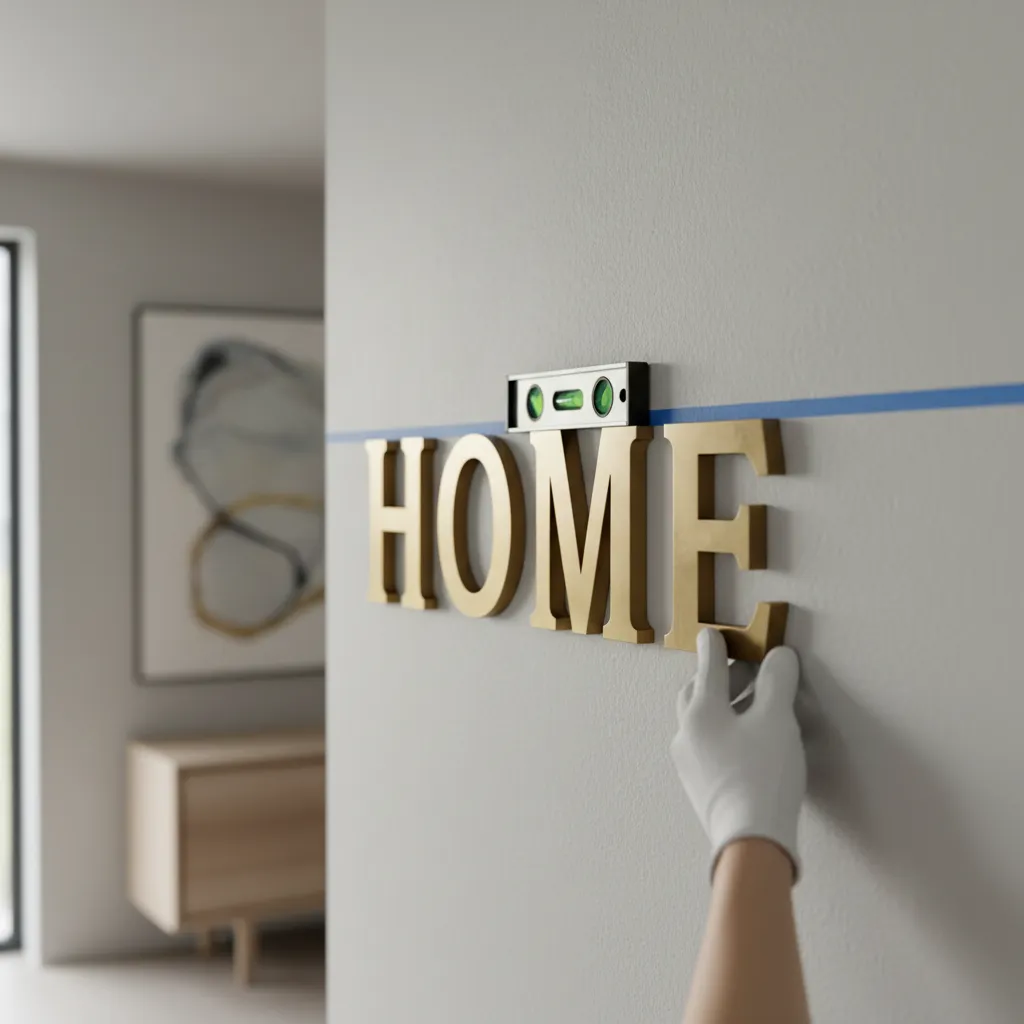 using a level and painter tape to straighten wall letters