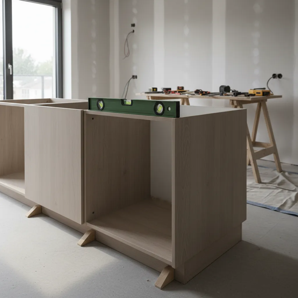 Installer leveling base kitchen cabinets using shims and level tool