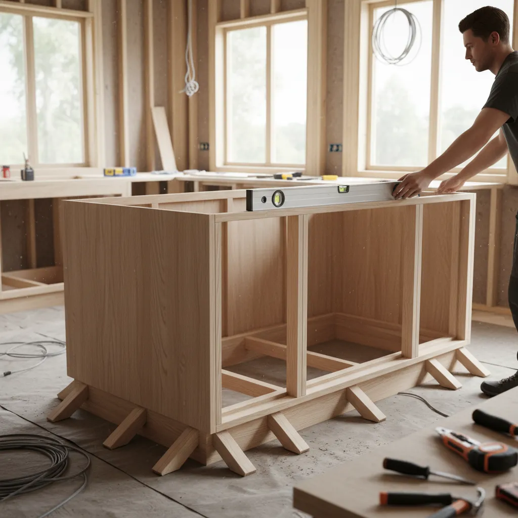contractor leveling kitchen island cabinets with shims and level tool