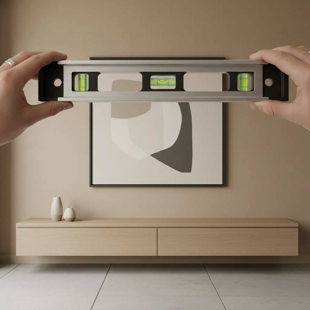 Using a level tool to straighten a large wall picture frame