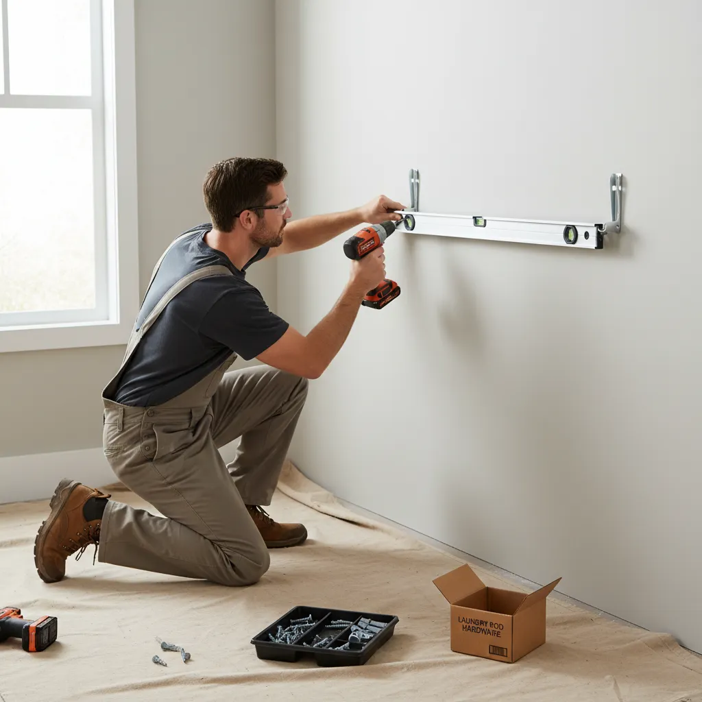Using a level tool to align laundry hanging rod brackets on a wall