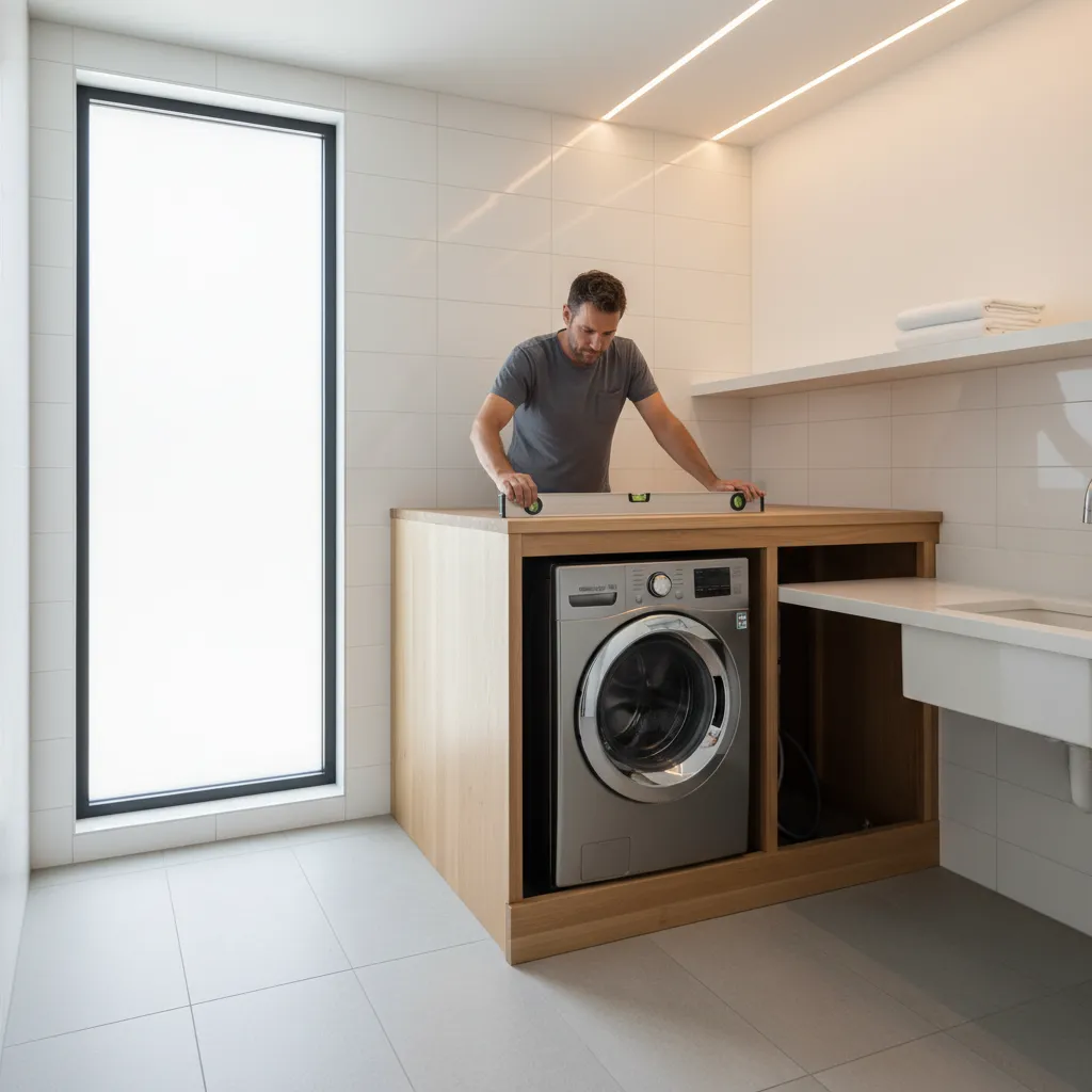 Using a level tool to adjust a laundry pedestal platform before installing washer