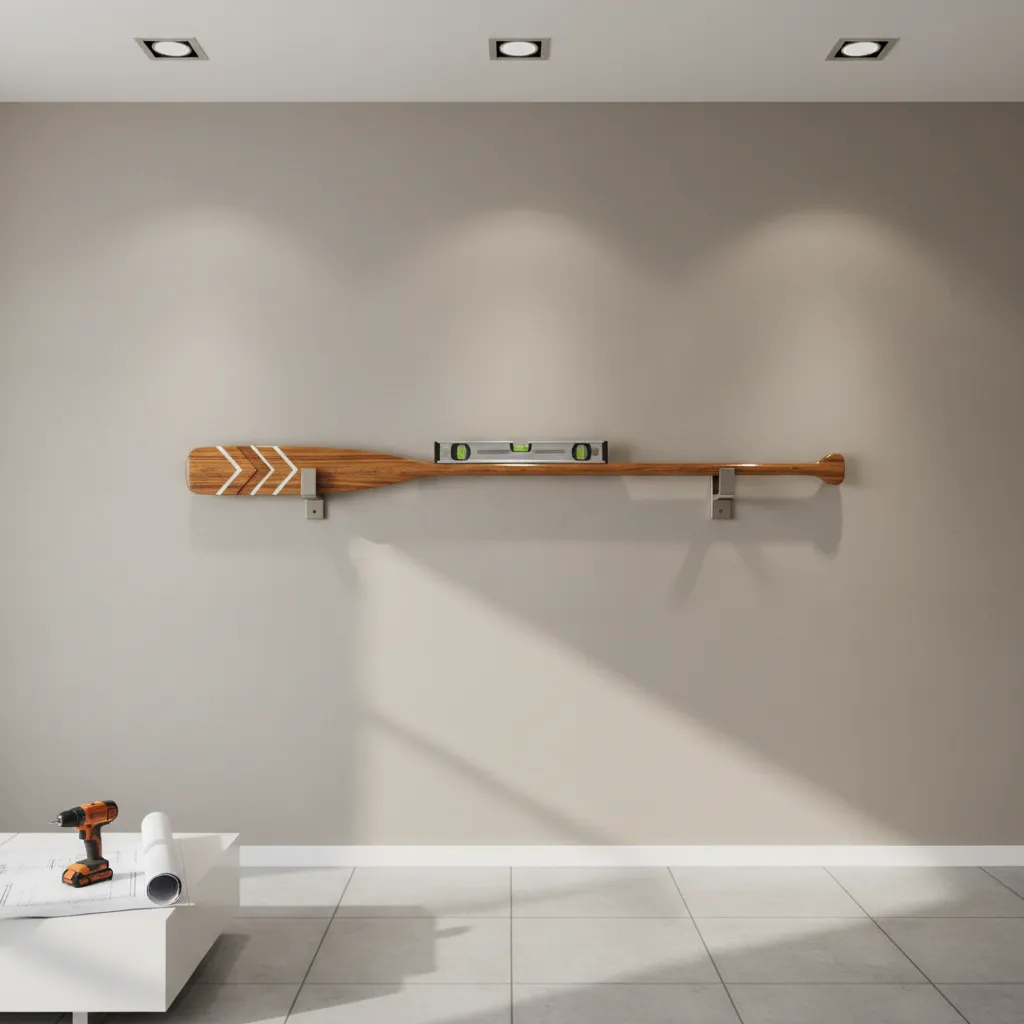 Using a level tool to align a decorative oar before wall mounting