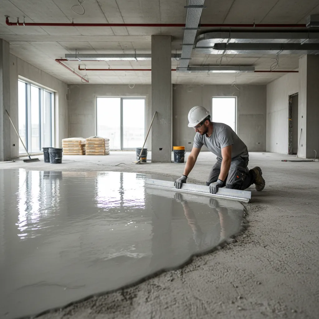 Worker applying self leveling compound on rough concrete floor