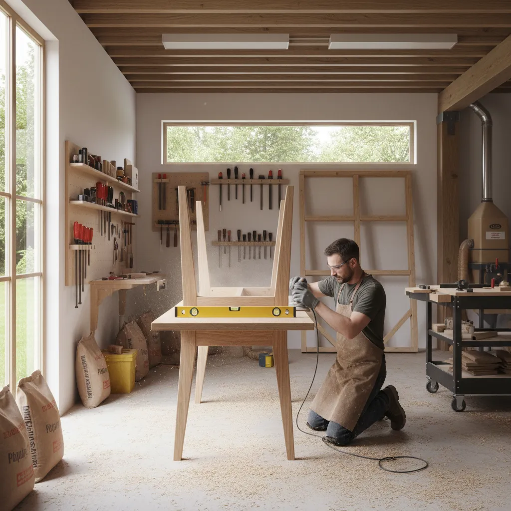 adjusting uneven legs on a DIY floor table with sanding and level tool