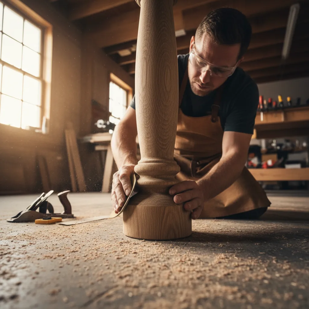 woodworker sanding the bottom of a farmhouse table leg to fix uneven height