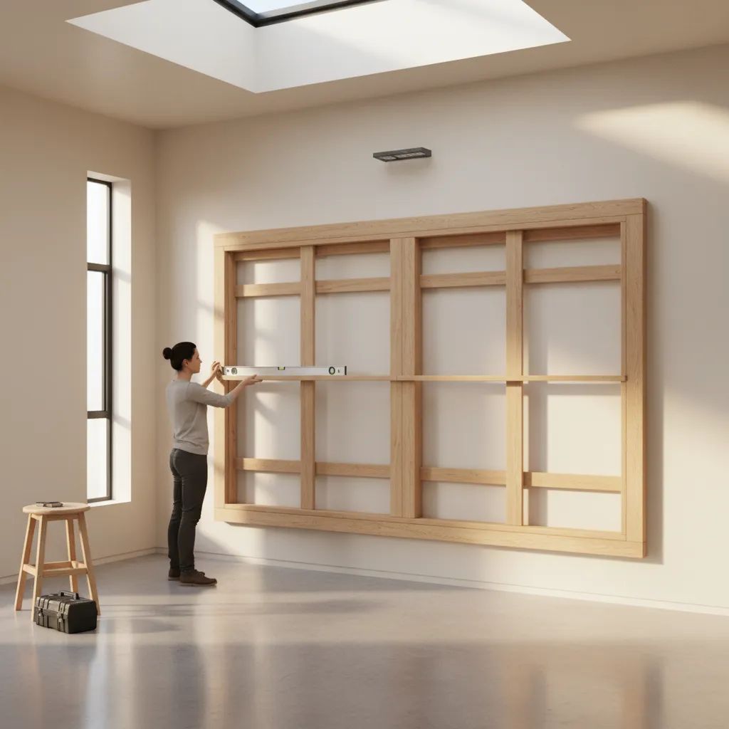 Using spirit level to align a wall mounted easel frame