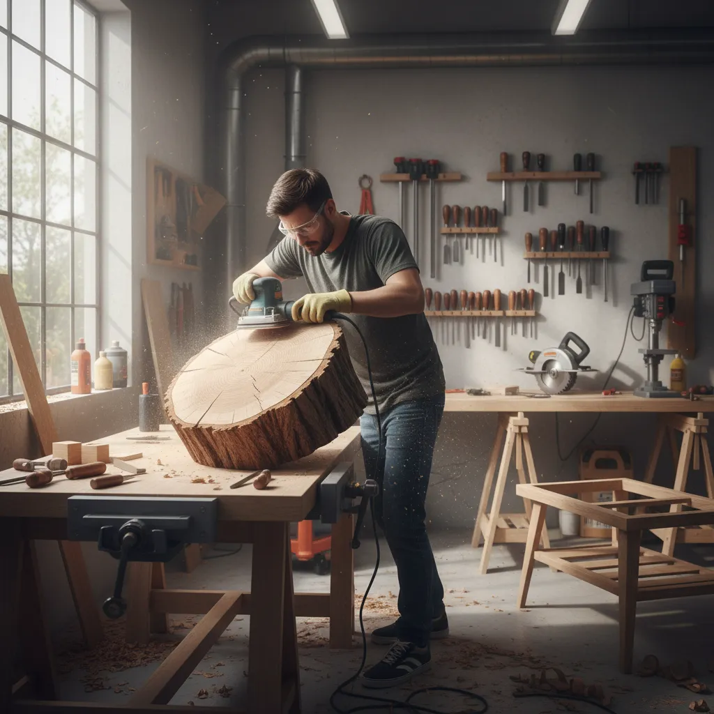 DIY builder leveling the base of a wood stump table with tools