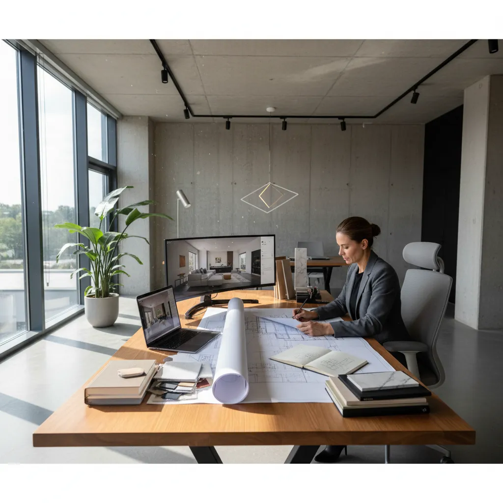 Female designer working on floor plan with laptop and monitor in a bright modern office