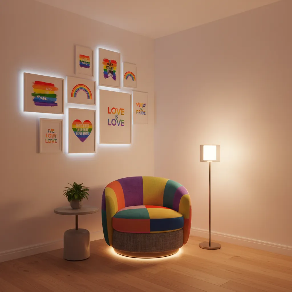 Decorative LGBTQ statement corner with gallery wall and accent chair