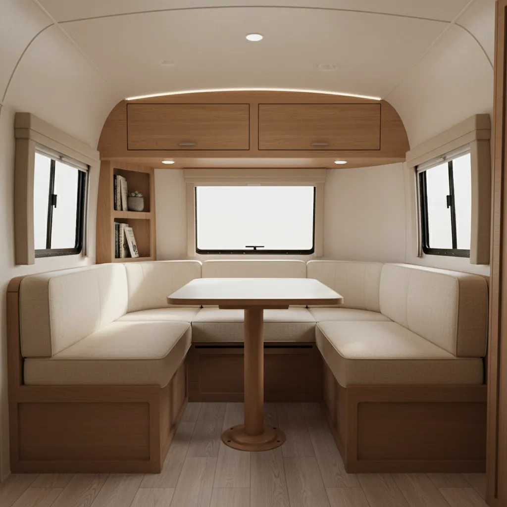 Front dinette seating area inside a small Casita Liberty Deluxe travel trailer