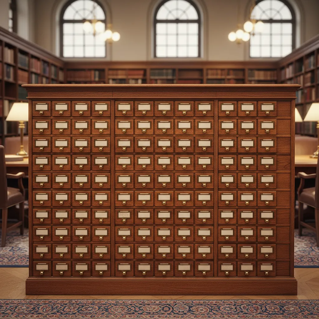 Traditional wooden library card catalog cabinet with labeled drawer pulls