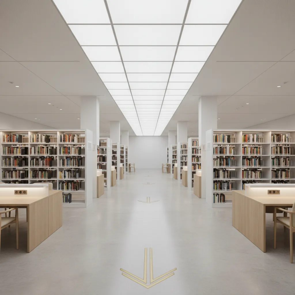 Library interior showing wide main circulation pathways between bookshelves