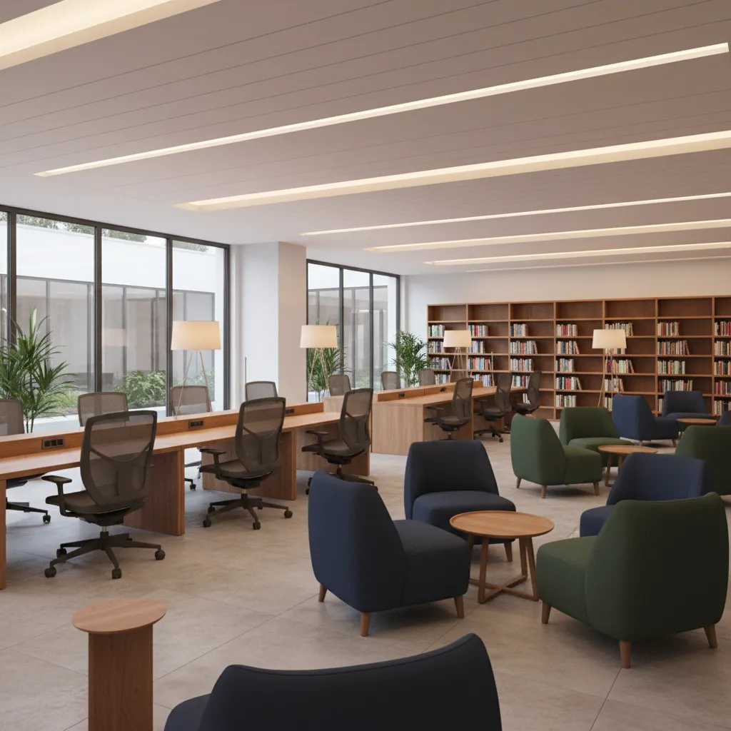 Ergonomic chairs and lounge seating in a library reading area