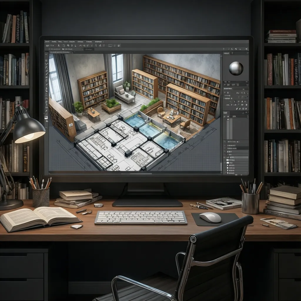 Designer planning a library floor layout with shelving and reading zones