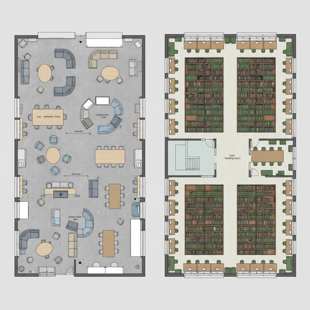 diagram style visualization of modern library activity zones vs traditional book stack layout