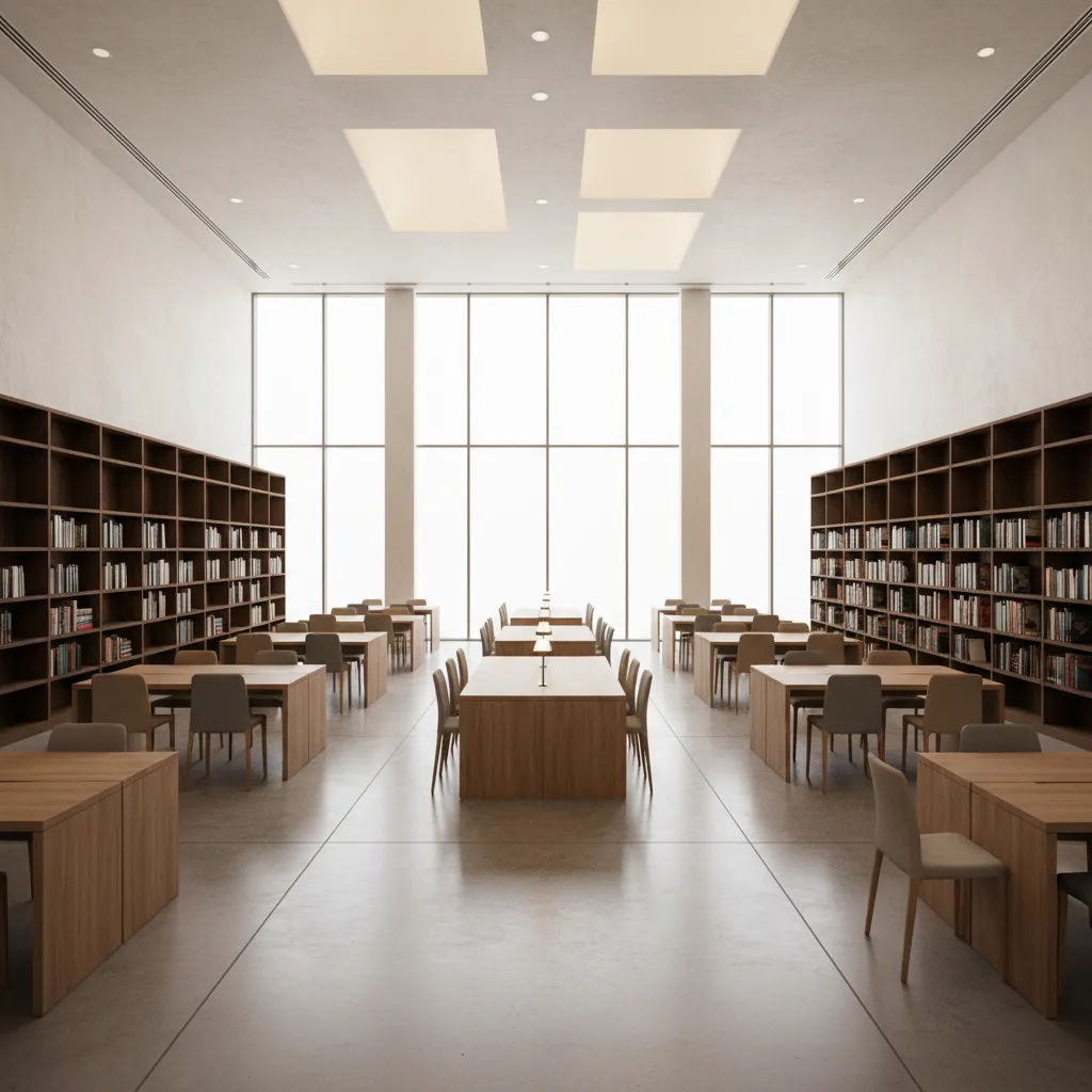Spacious modern library interior showing organized reading tables and clear circulation paths