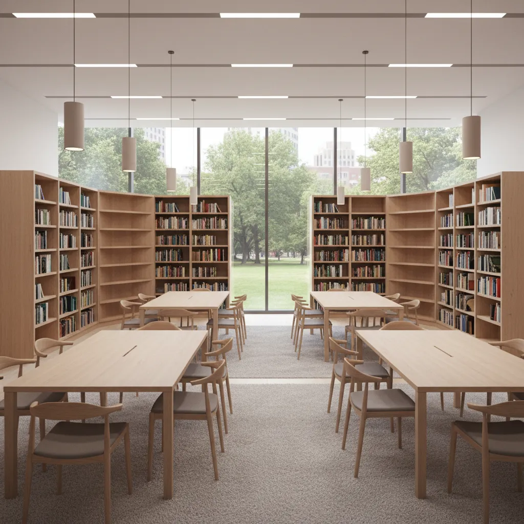 Library reading area with tables, chairs, and surrounding bookshelves