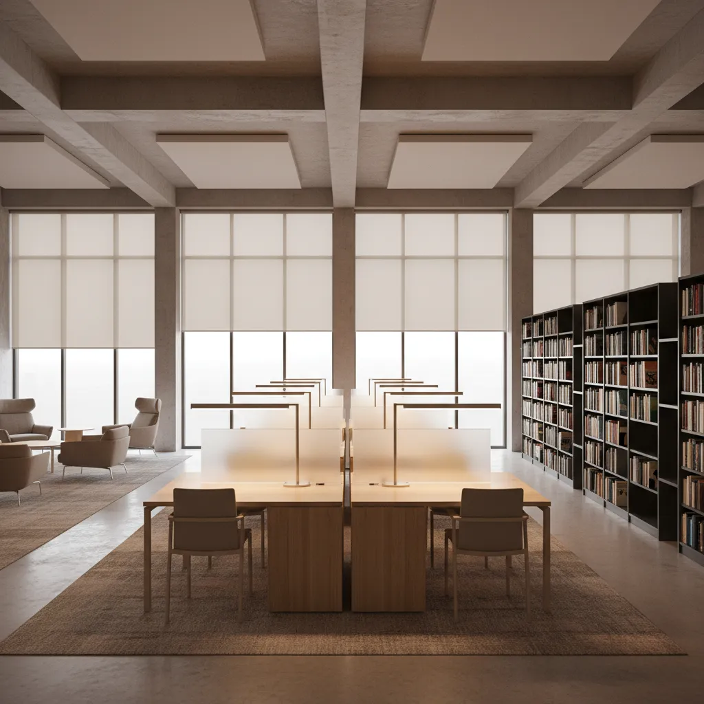 Modern library study desks with task lighting and layered illumination