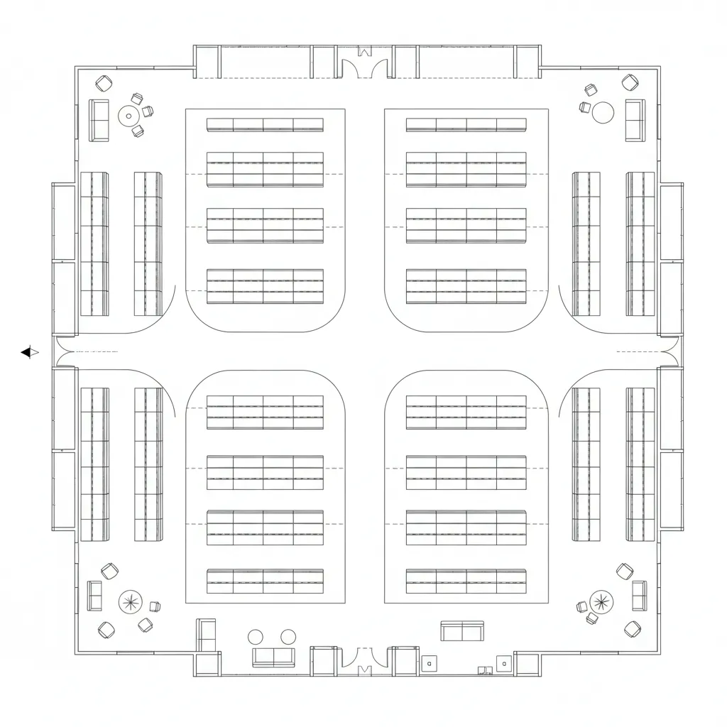 Top view visualization of library shelving aisles with proper spacing
