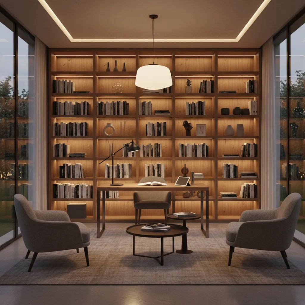 Small study library with LED shelf lighting and reading desk
