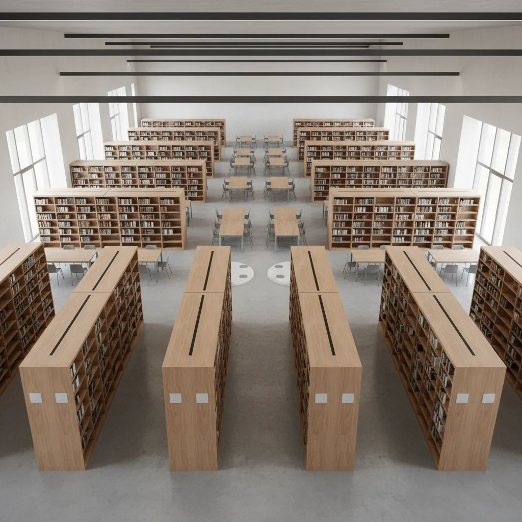3D visualization of a library floor plan with shelves and study tables