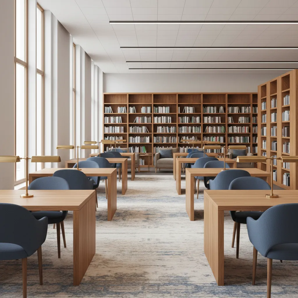 Library reading area with desks near windows and shelves behind