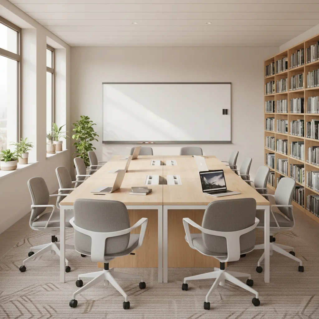 Flexible furniture layout inside a modern library study room with modular tables
