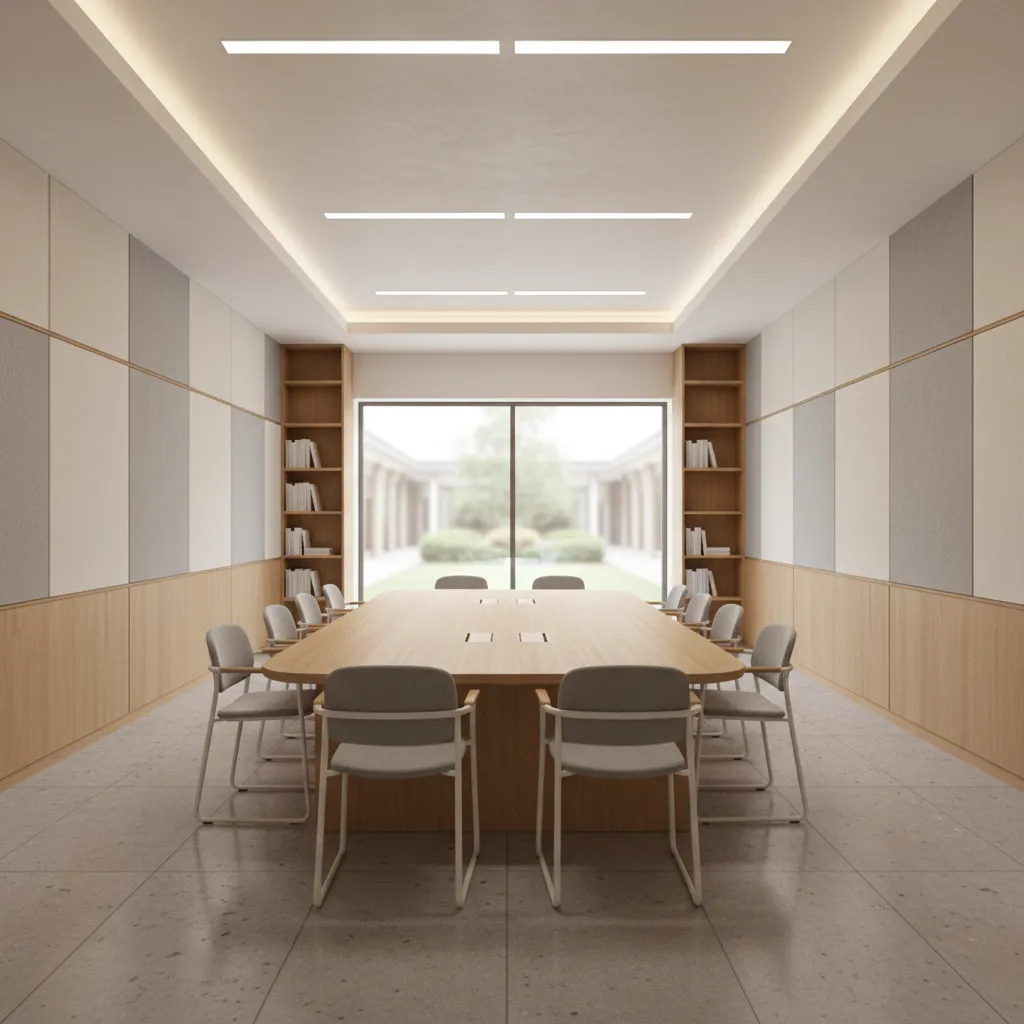 Quiet university library study room with table chairs and soft lighting