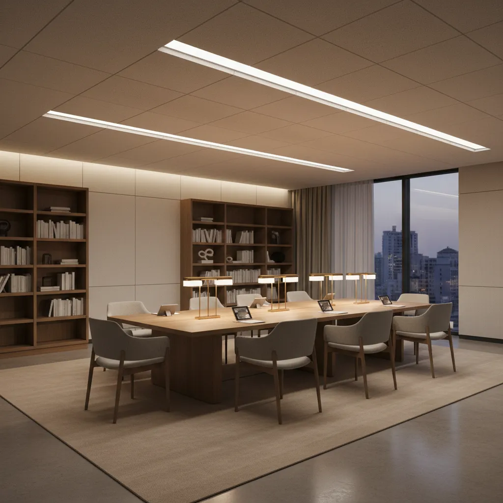 library study room showing layered lighting with desk lamps and ceiling lights