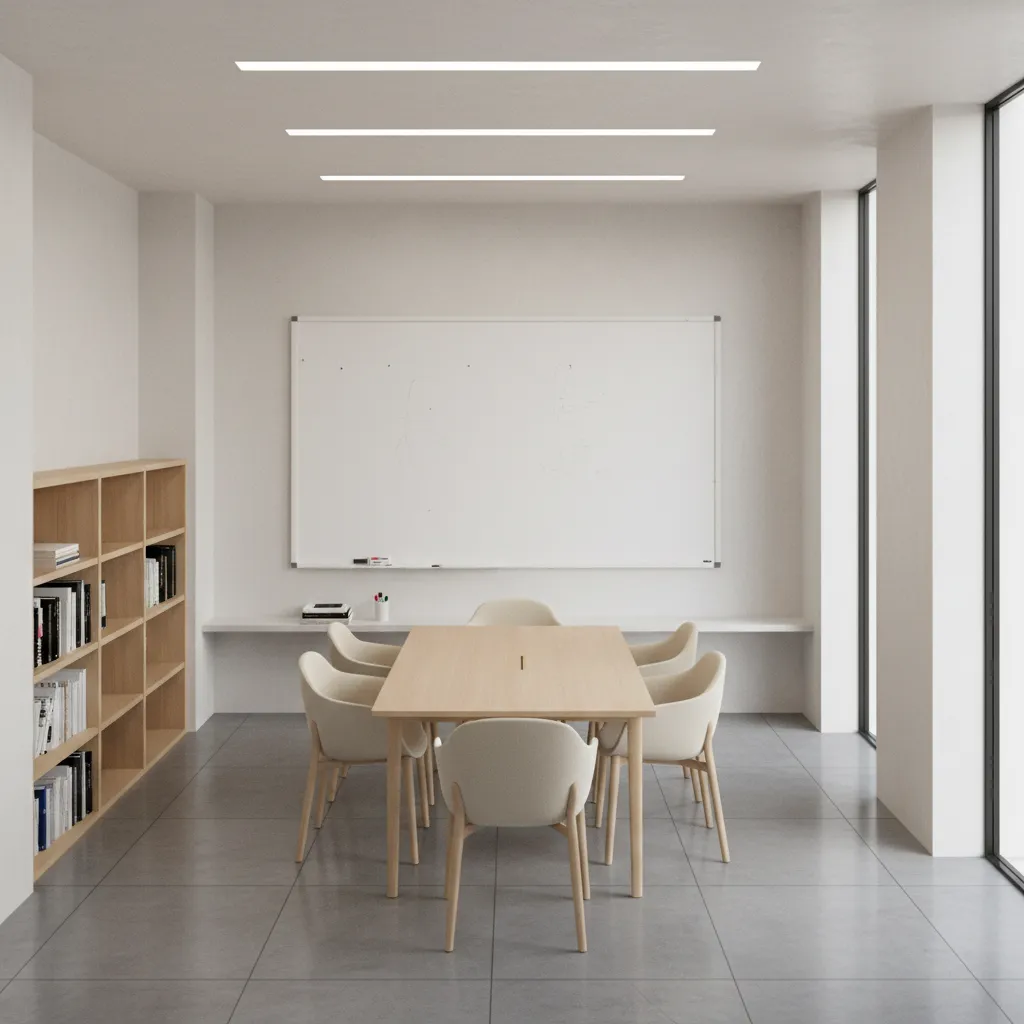 Library study room layout with central table and whiteboard wall