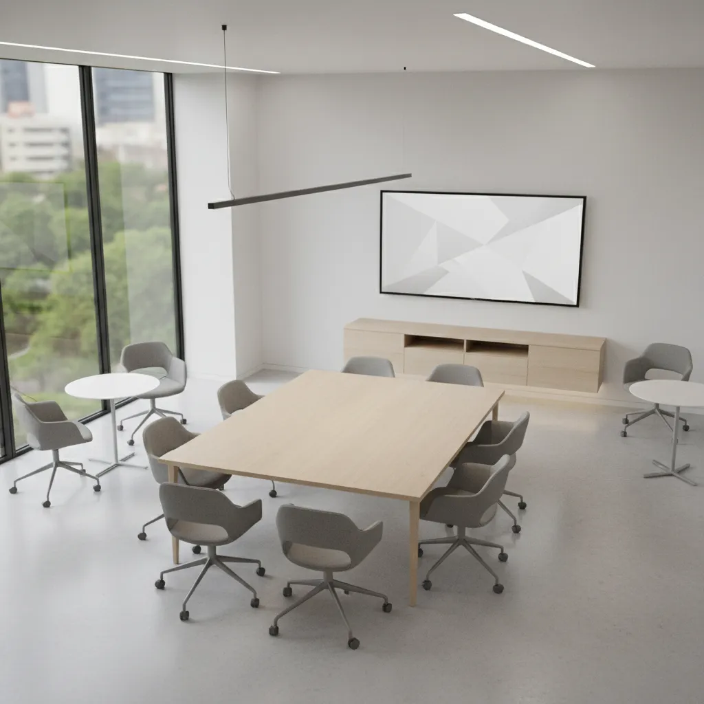 Study room layout with central collaboration table and screen wall