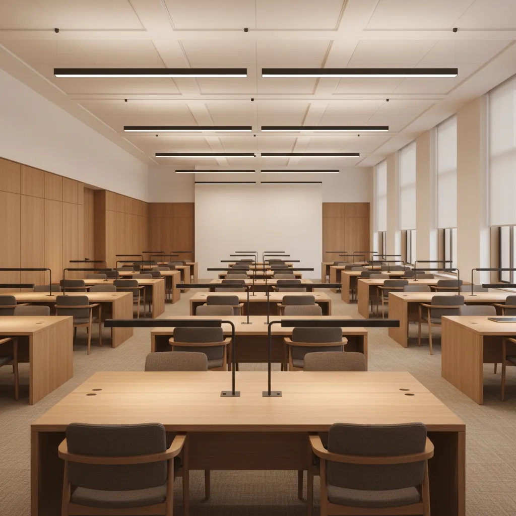 Library study desks with task lighting and indirect ceiling lights