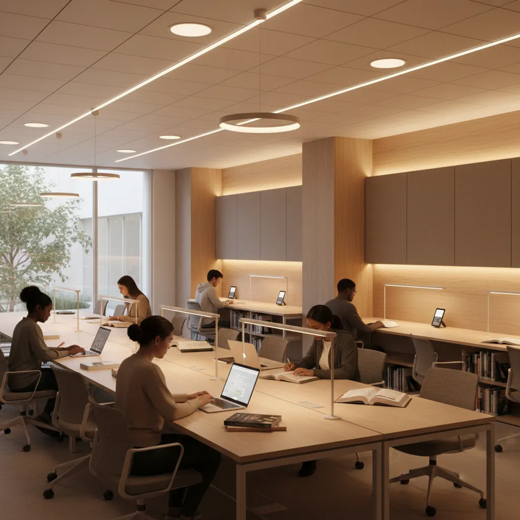 Layered lighting design inside a quiet library study room