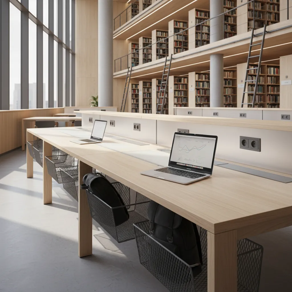 Library study table with power outlets laptop and backpack storage