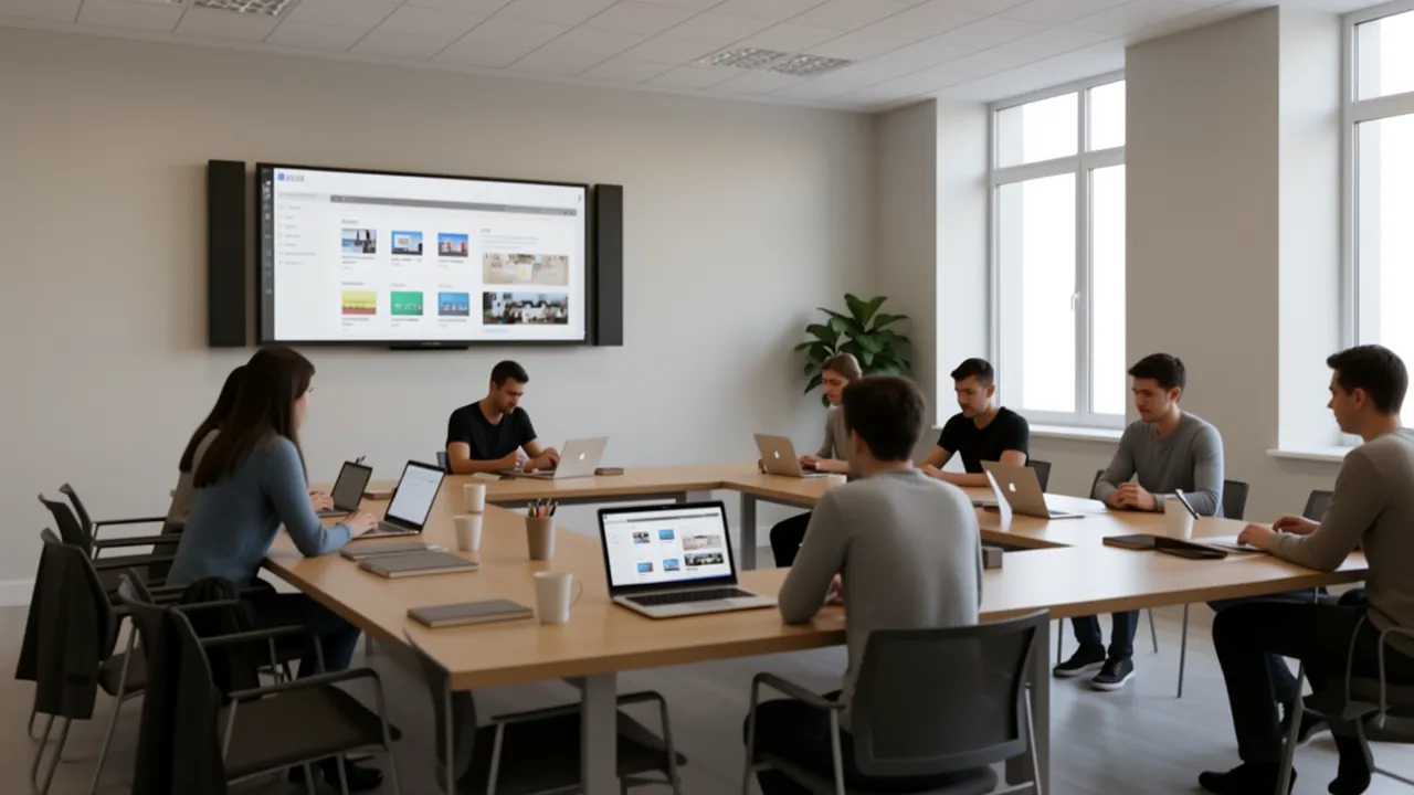 Modern library study room with screen sharing display and collaborative workspace