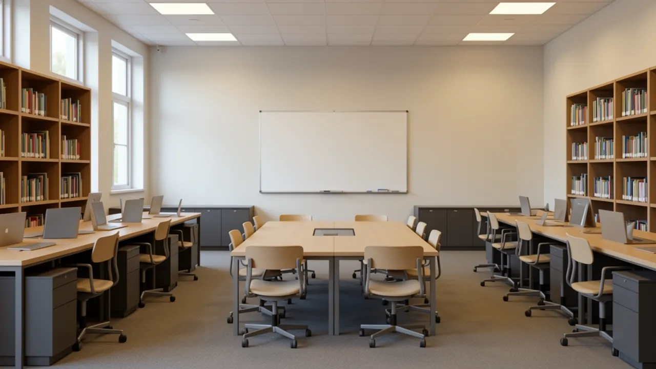 Library study room zoning with individual desks and collaborative table