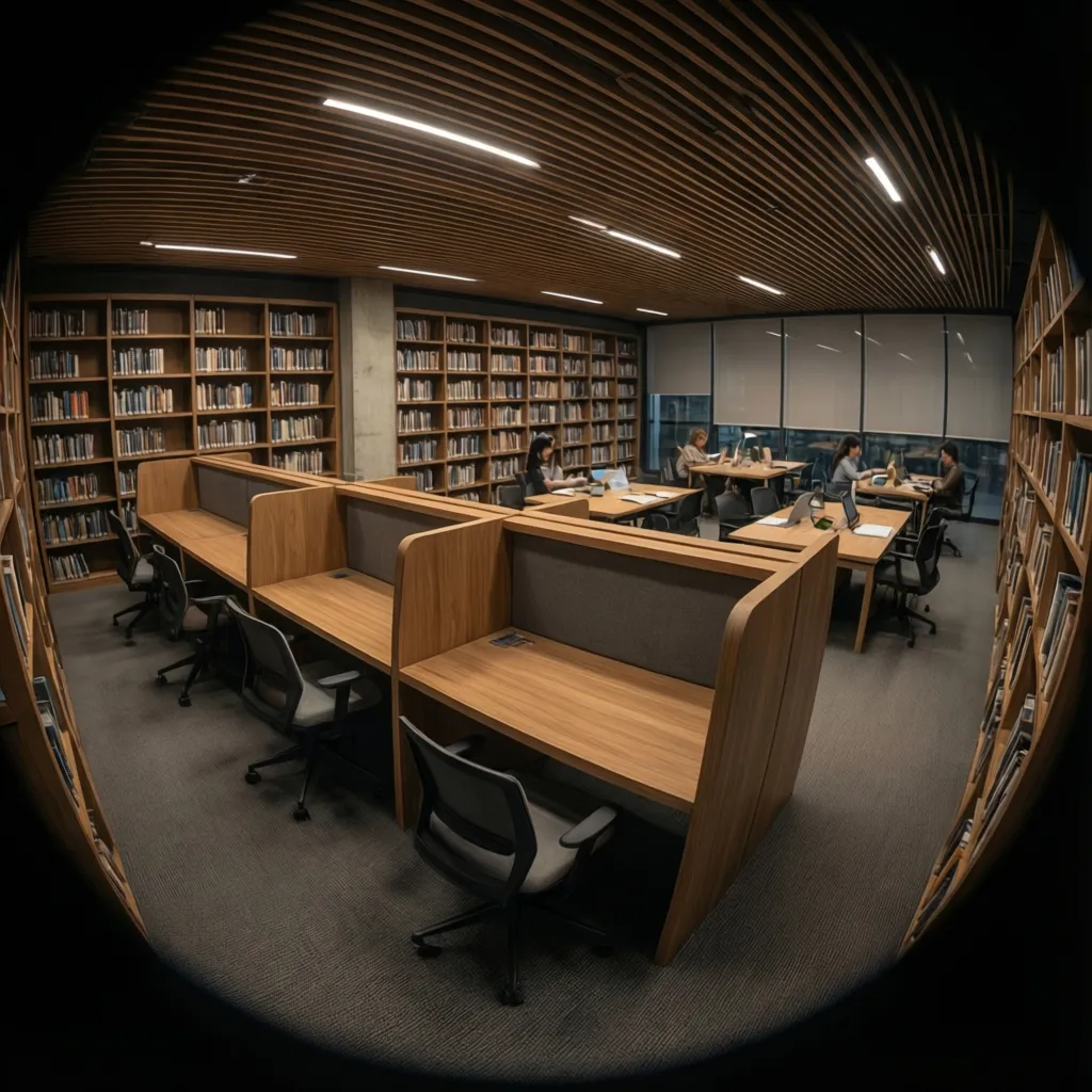 Library interior showing separated quiet study zone and collaborative workspace