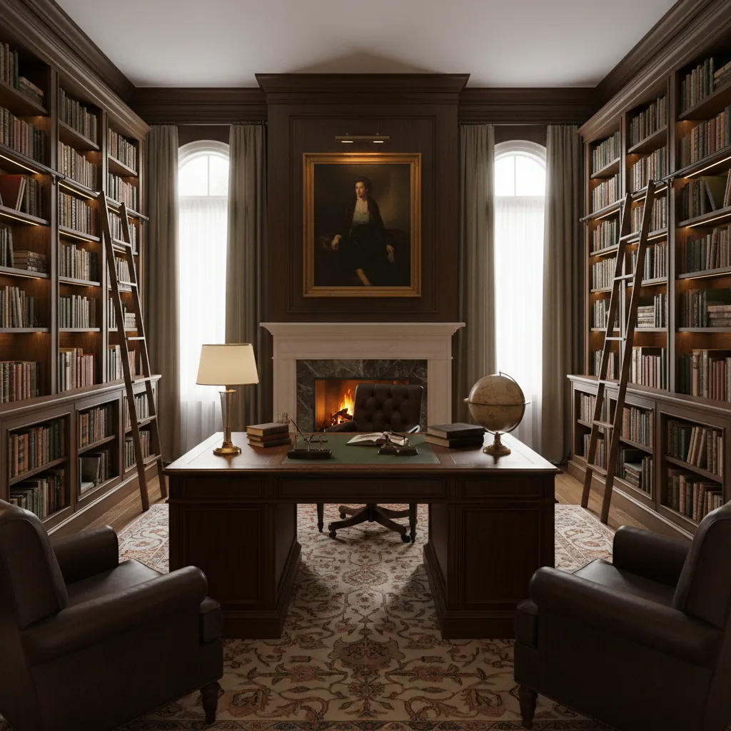 Library style desk surrounded by tall bookshelves