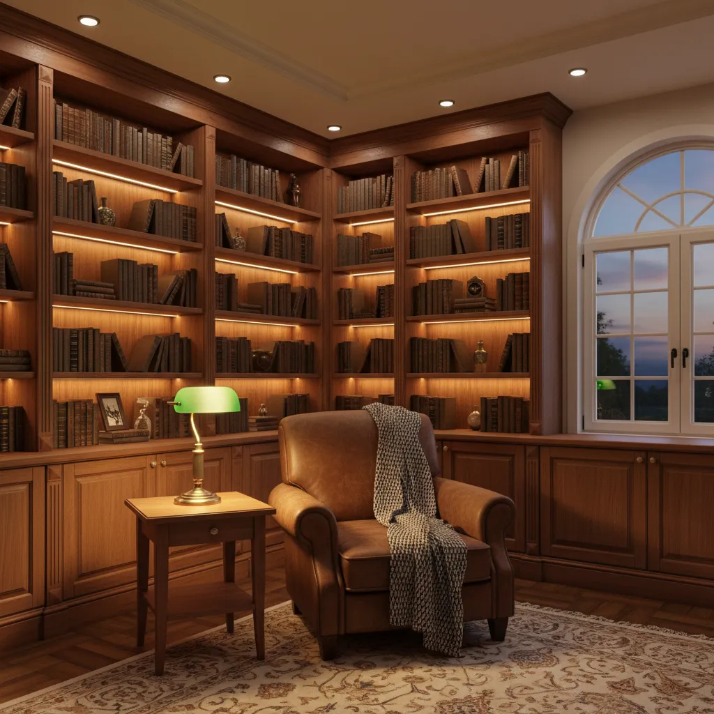 Warm layered lighting in a library style study room