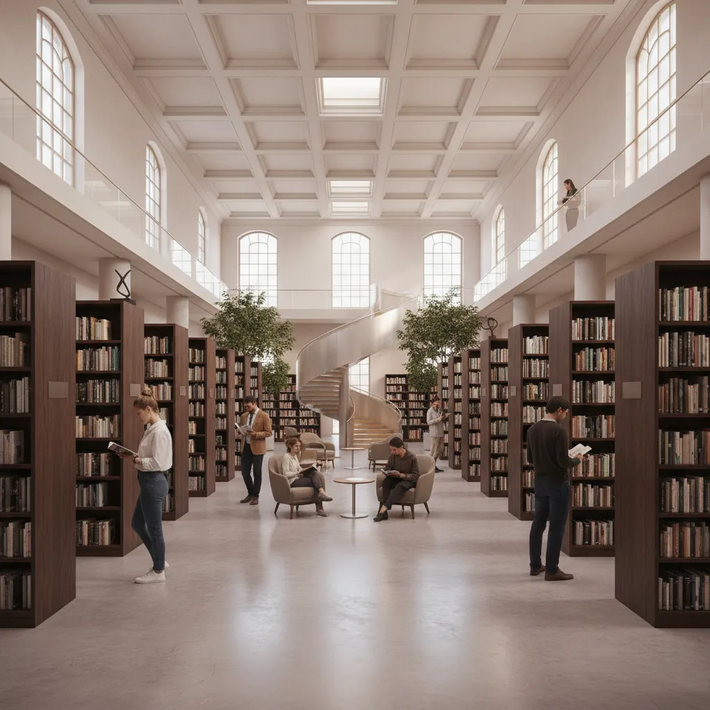 Library interior showing wide walkways between bookshelves and clear circulation paths
