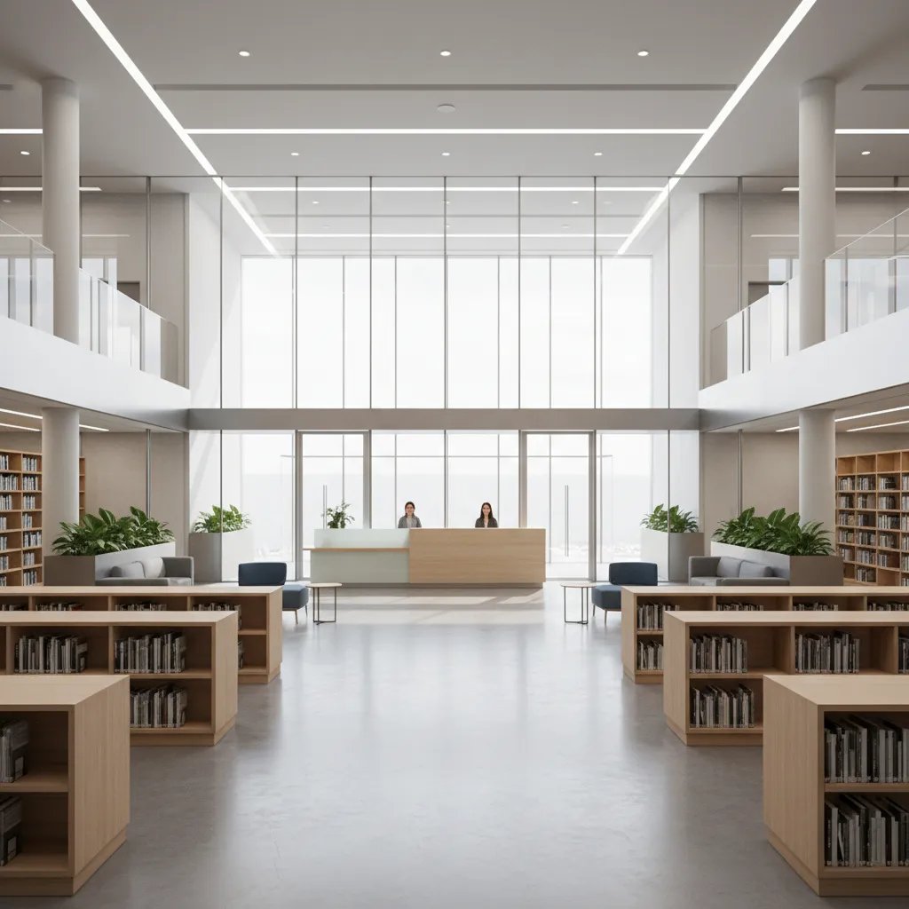 Library interior showing clear sightlines from entrance to information desk