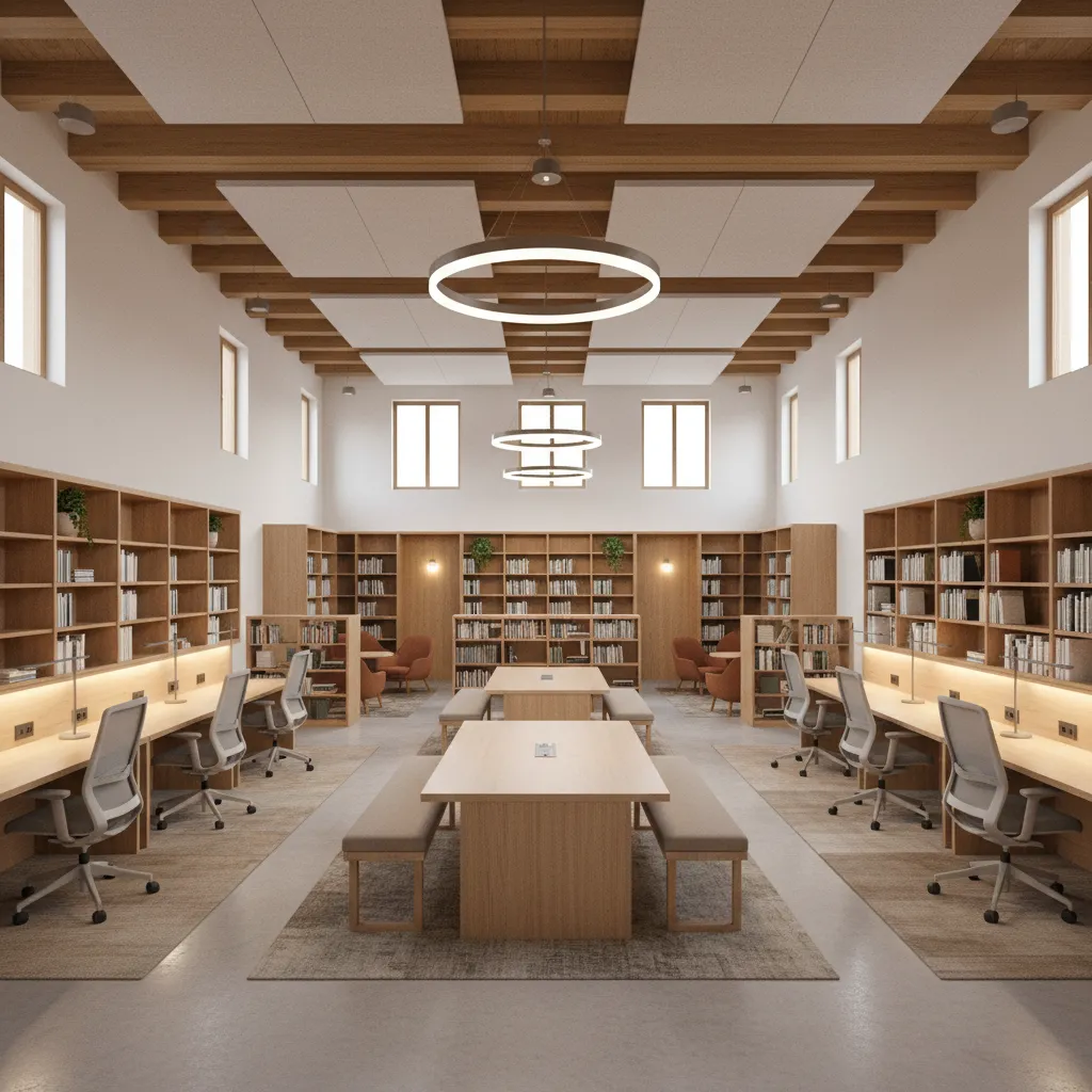 Modern library interior showing quiet study zone and collaborative area separation