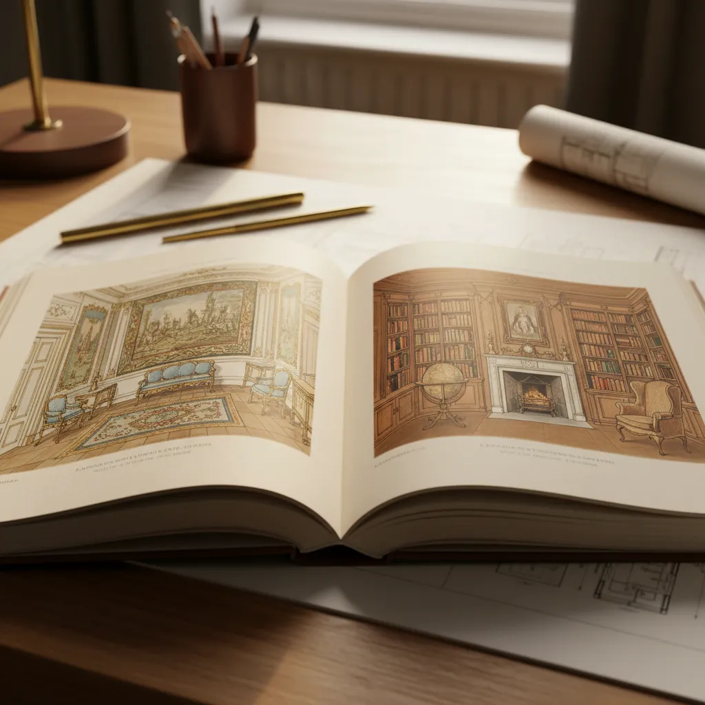 Libro abierto mostrando ilustraciones históricas de interiores clásicos