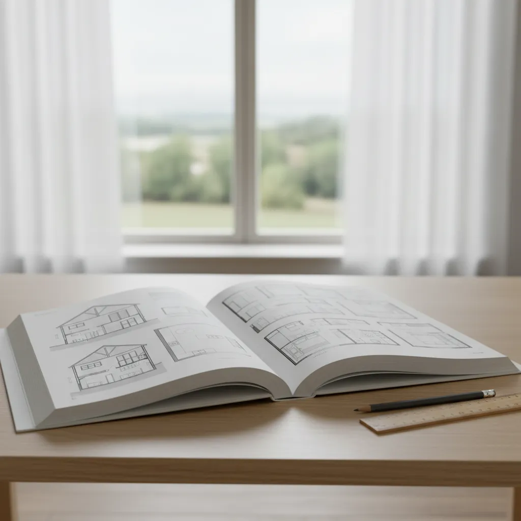 Libro de diseño de interiores abierto mostrando diagramas de distribución