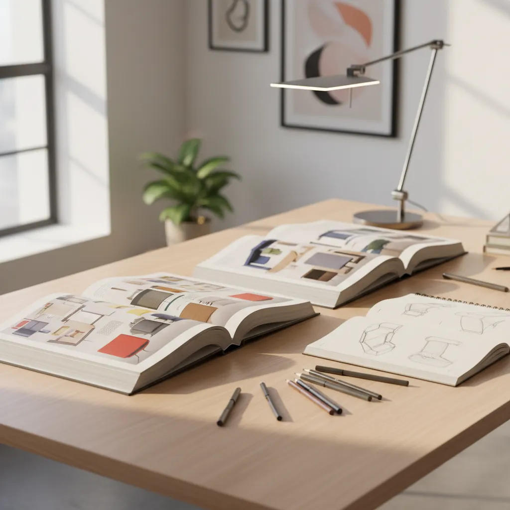 Open design books and sketchbook with chair drawings on wooden desk with modern silver lamp