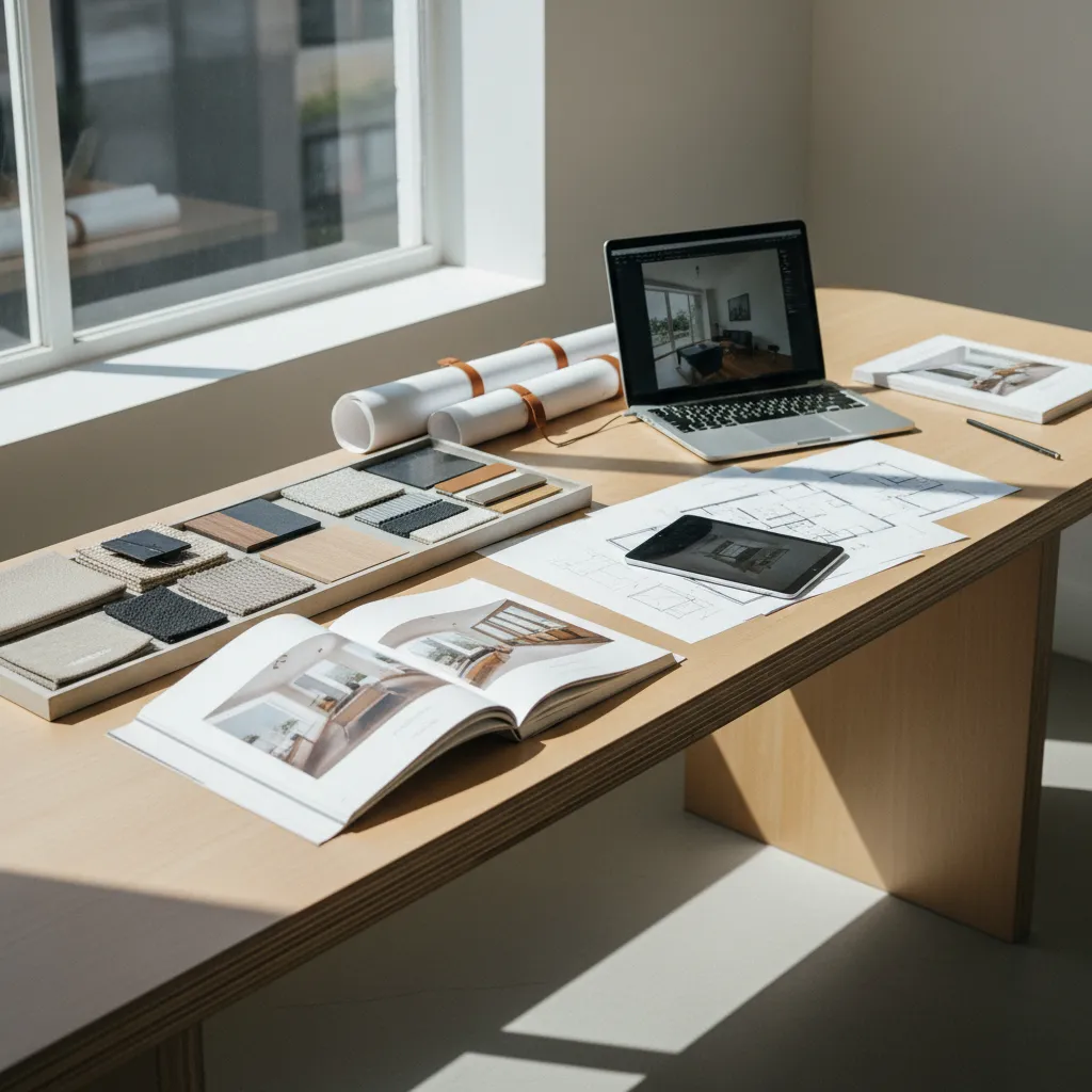 Designer workspace with laptop, tablet, room layout drawings, material samples, and open interior design book